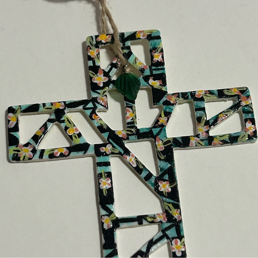 Hand Painted Cross Ornament One Of A Kind Wooden & Floral Frosted Leaf Charm